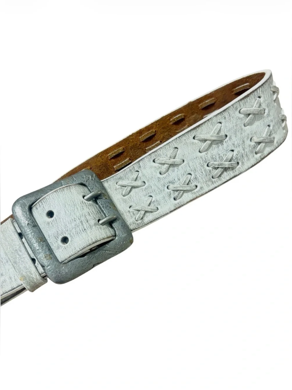 Leather island  White Distressed Leather Belt with Double-Prong Buckle